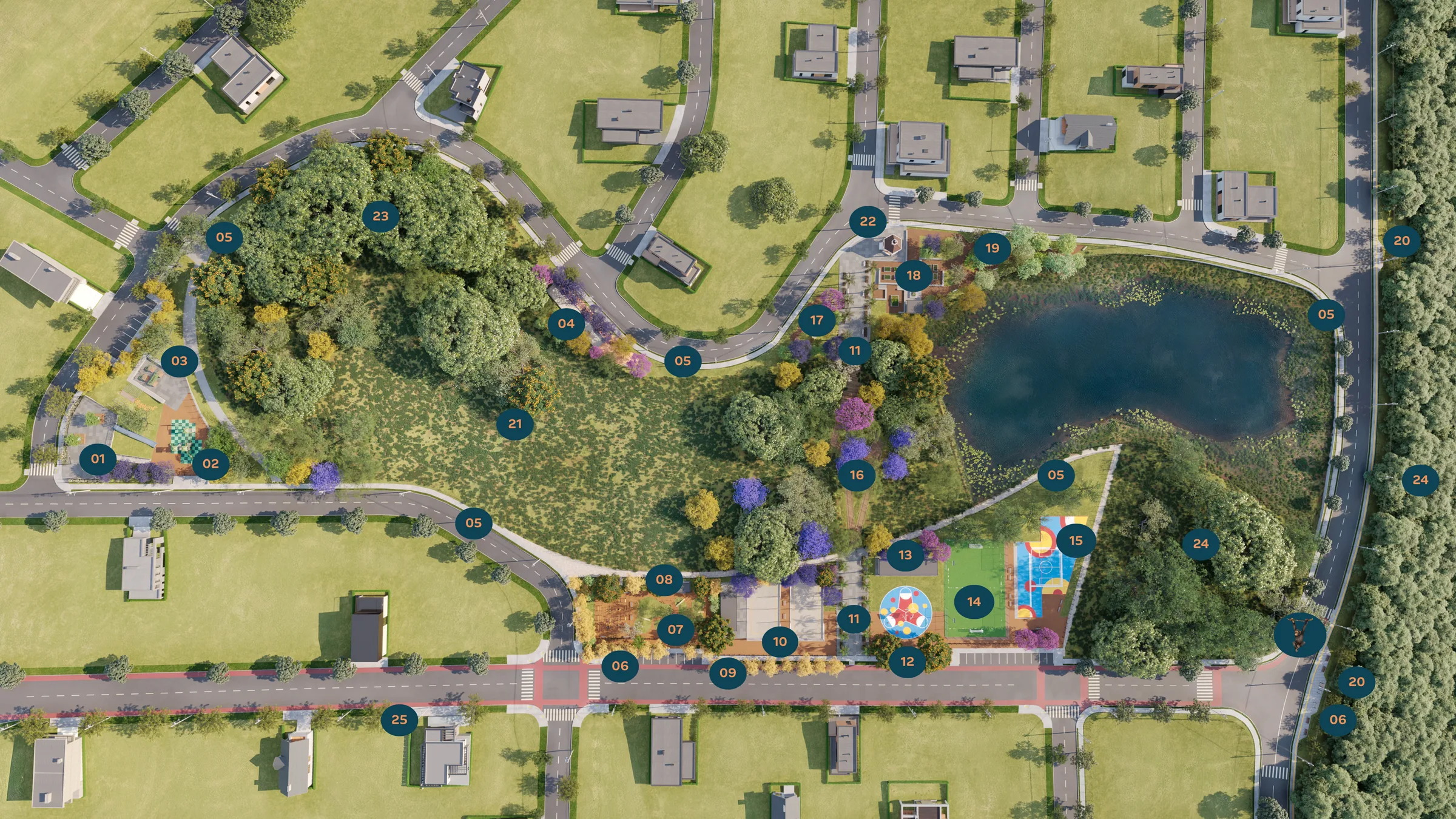 Mapa da infraestrutura do Verdes Campos Parque com os 25 espaços de lazer numerados
